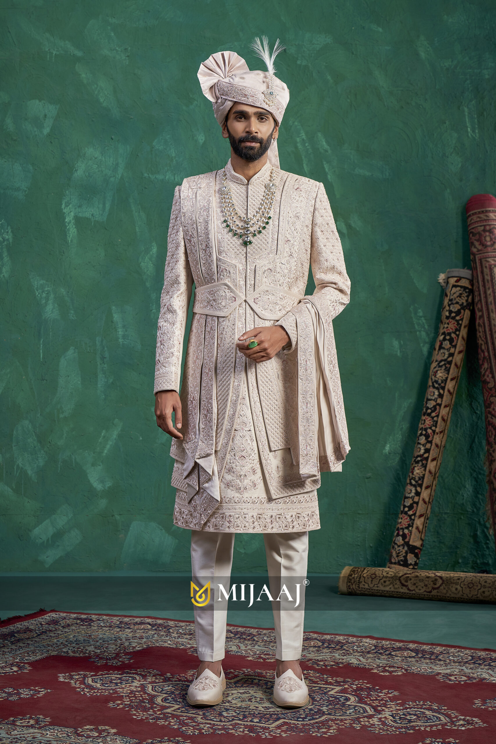 Ivory Layered Royal Sherwani With Embroidered Belt