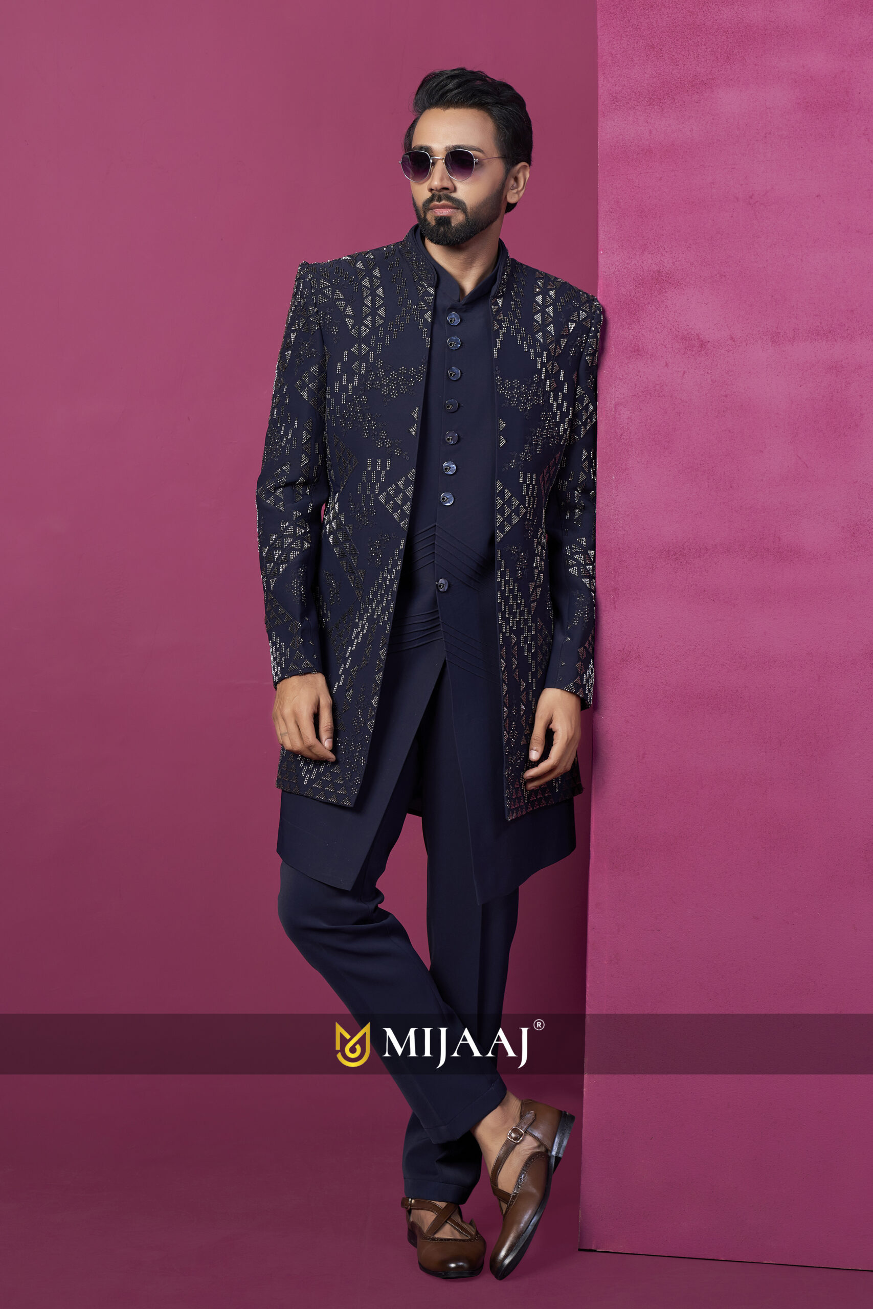 Navy Regal Geometric Indo-Western Jacket Set