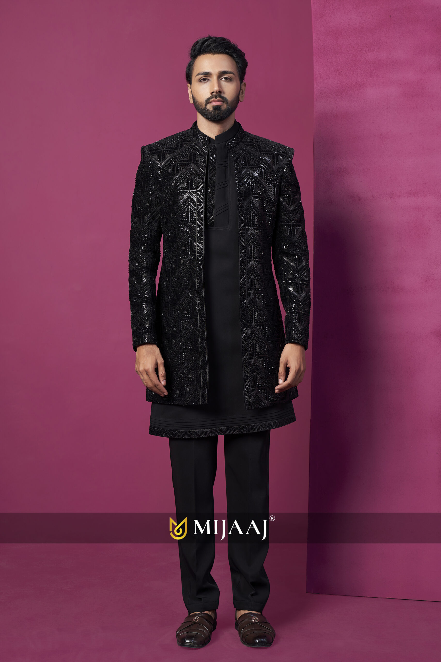 Onyx Black Sequin-Embellished Indo-Western