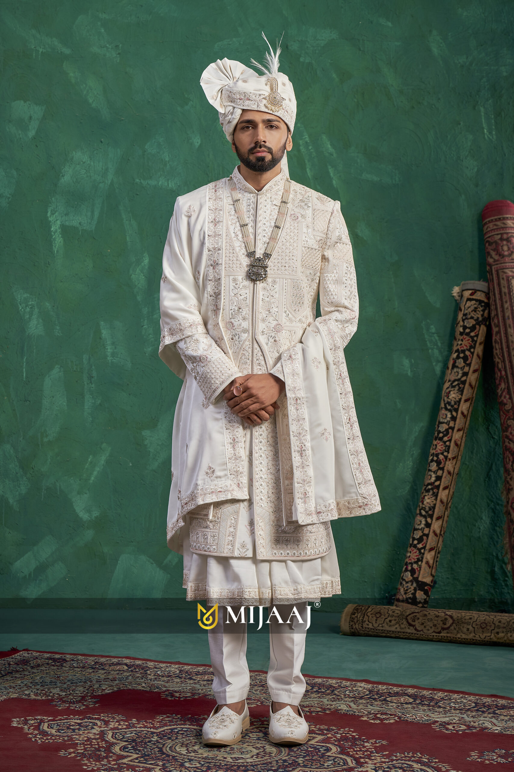 Latest 2026 Groom Sherwani in White Color That Complements Red, Maroon, Rani Pink Bridal Lehenga