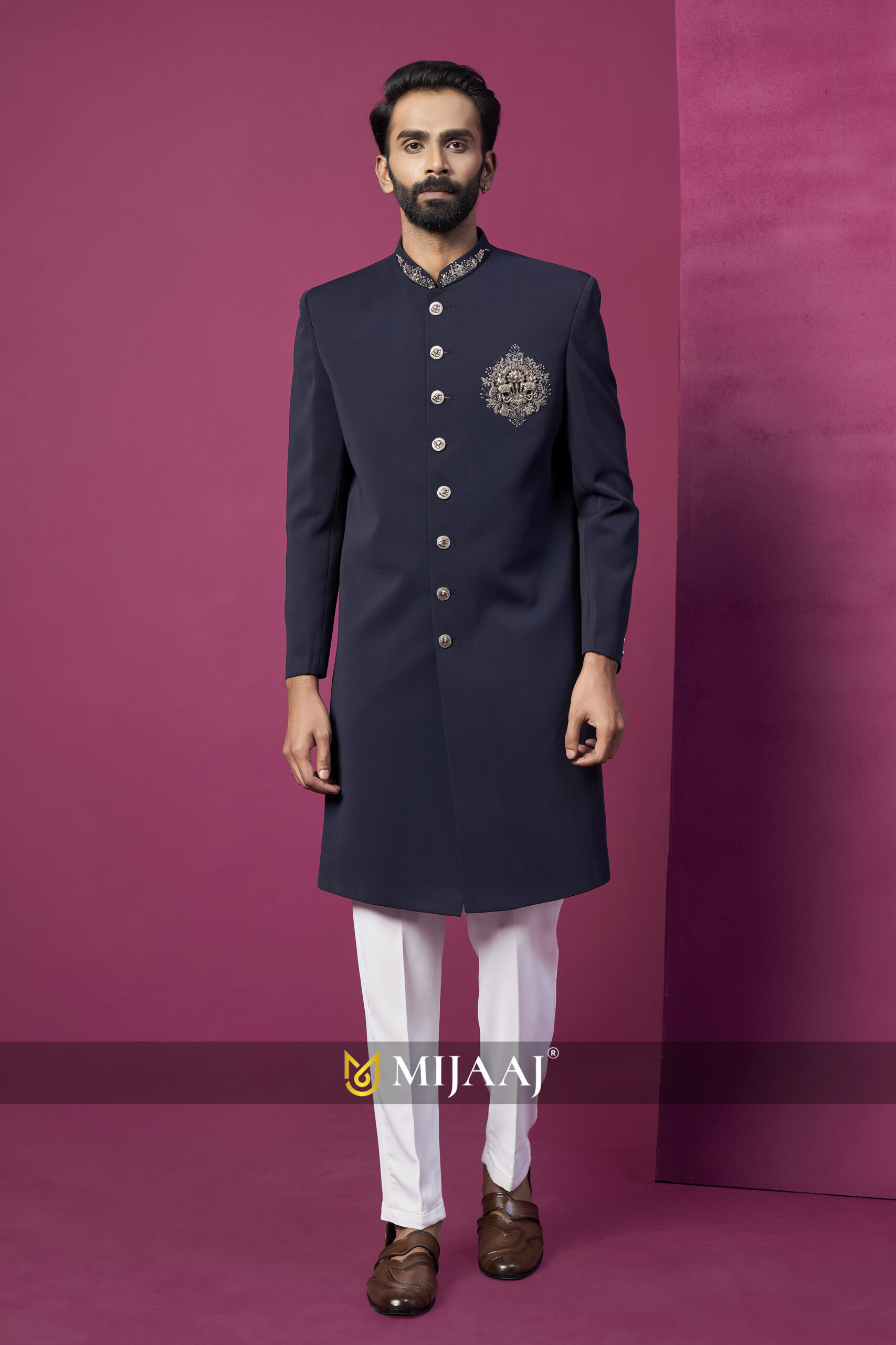 Nawabi Navy Blue Embroidered Sherwani