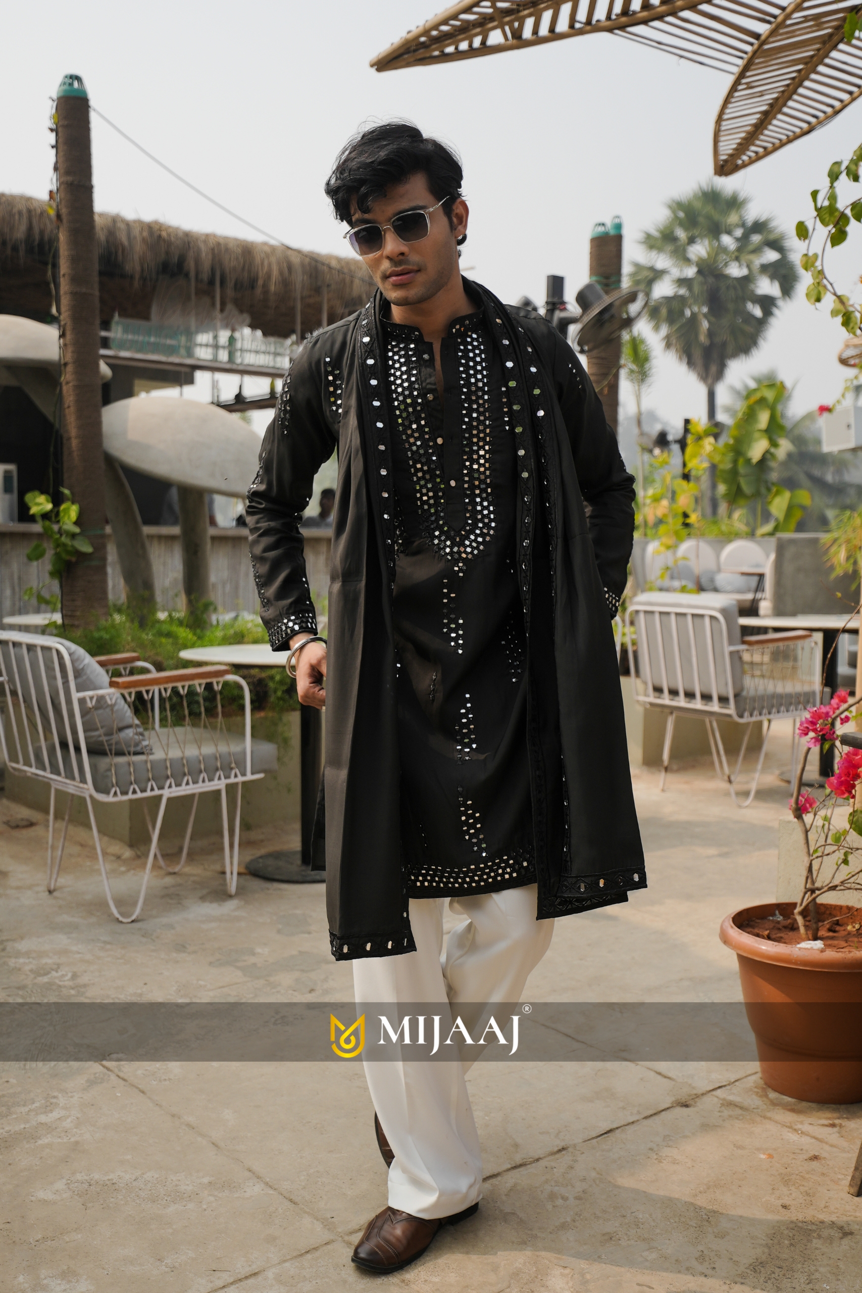 Black Mirror Work Festive Kurta Set with Korean Baggy Pants