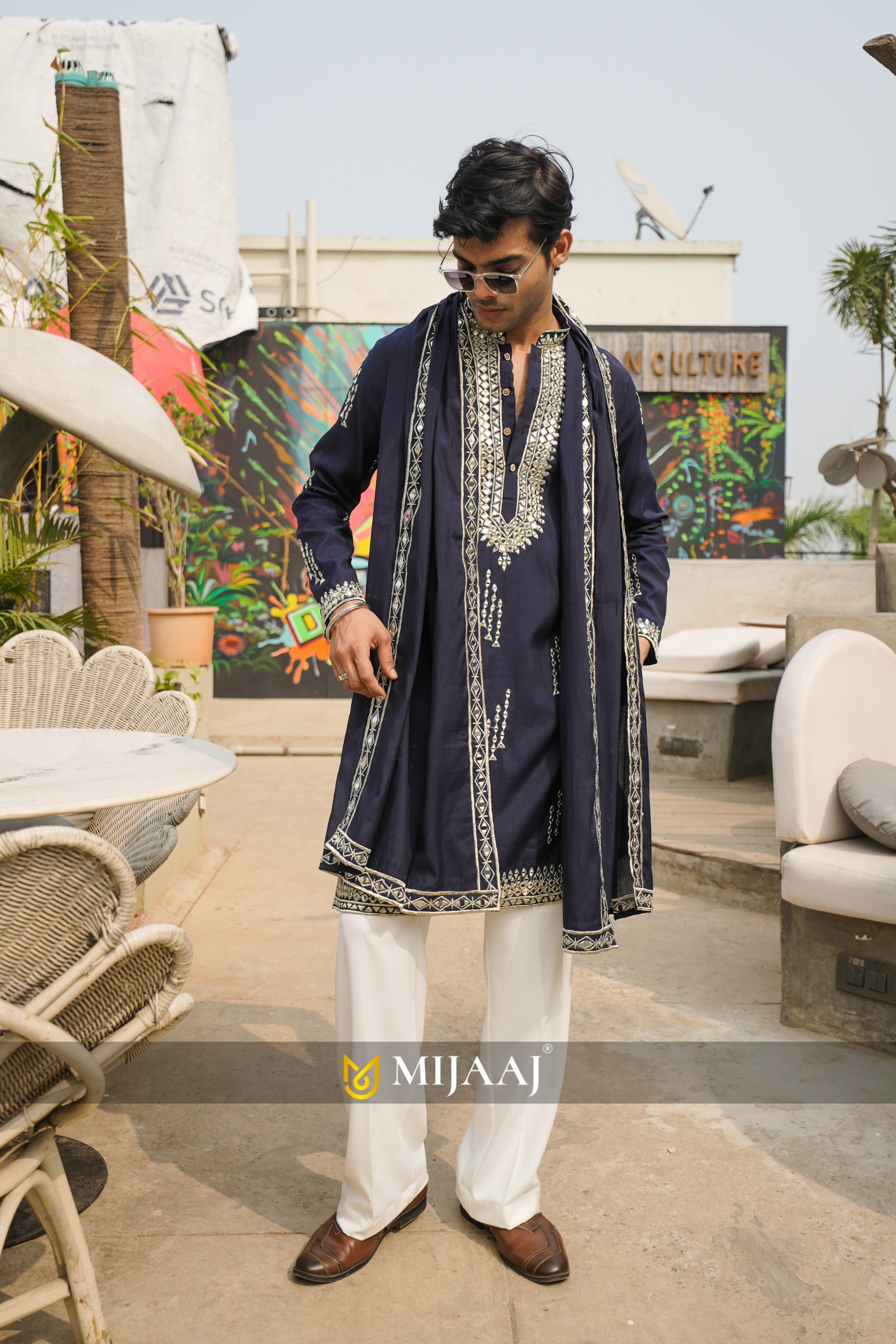 Navy Blue Mirror Work Festive Kurta Set with Korean Baggy Pants