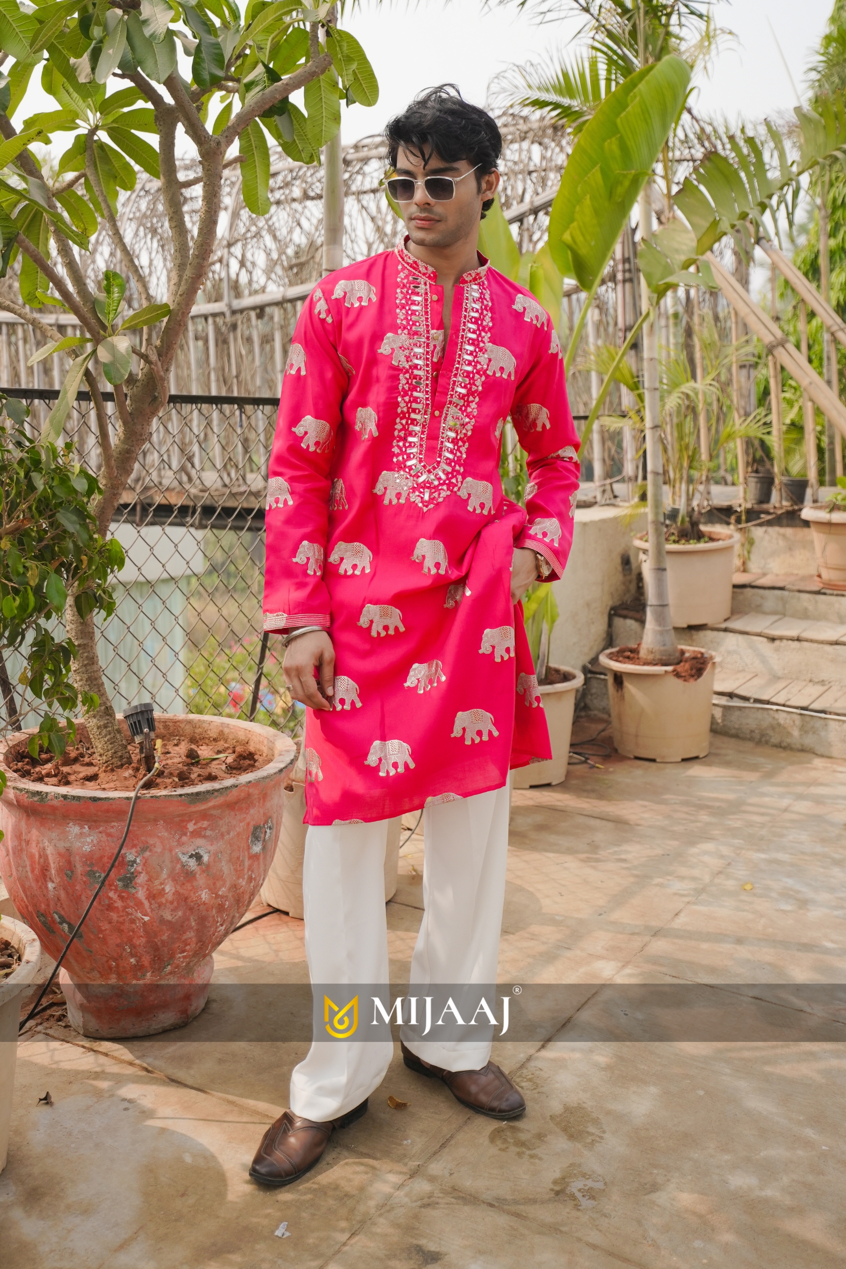 Hot Pink Mirror Work Kurta with Elephant Embroidery & Korean Baggy Pants