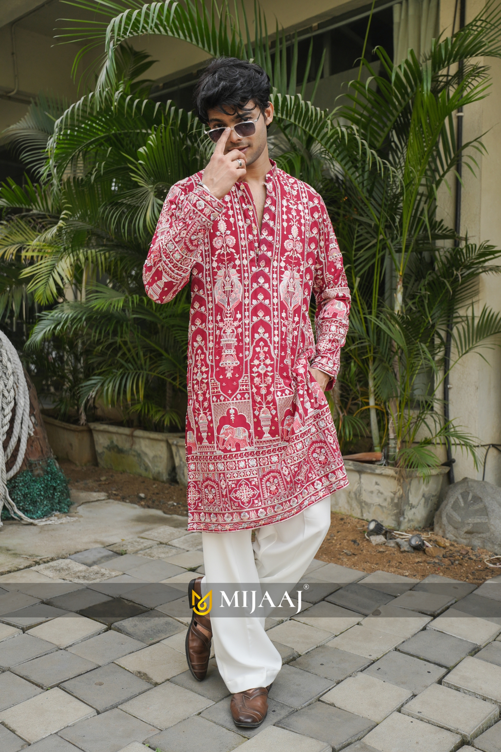 Crimson Embroidered Floral Print Kurta